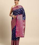 Navy blue woven art silk traditional saree with blouse piece