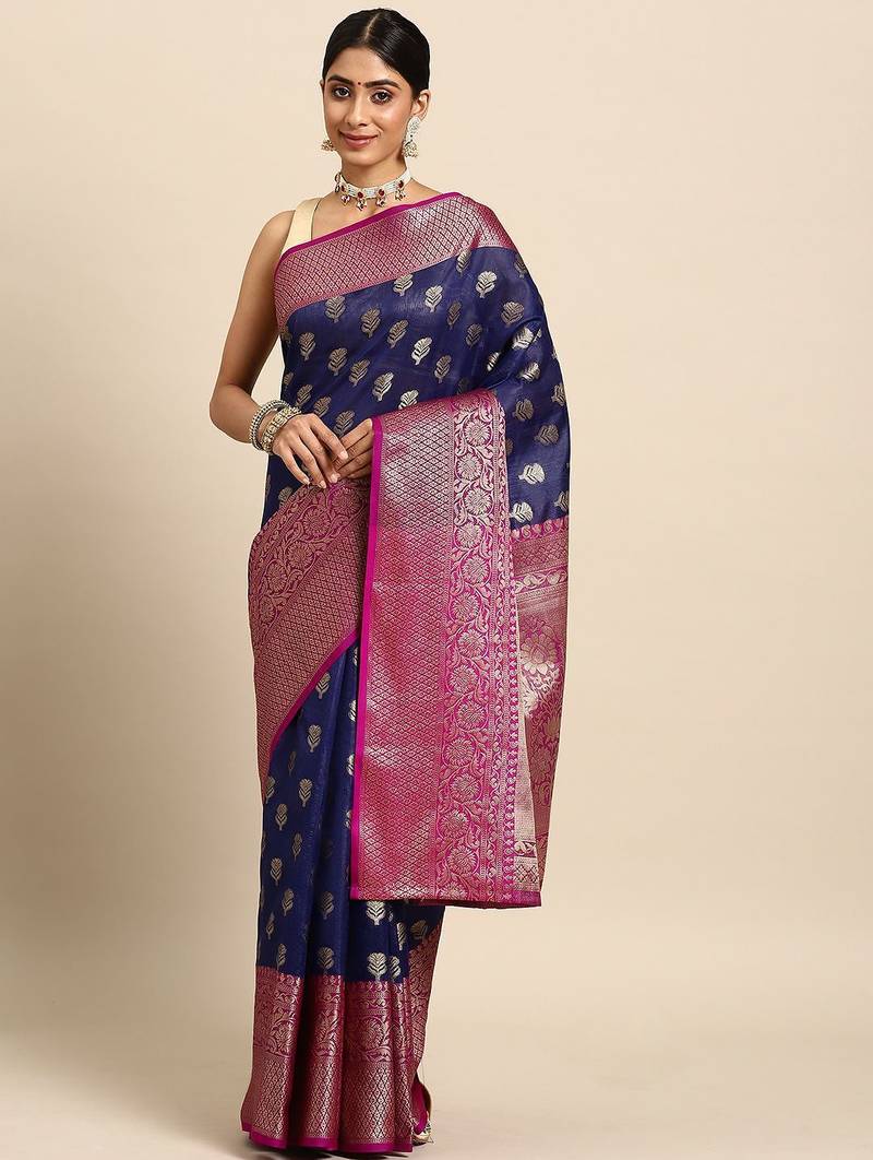 Navy blue woven art silk traditional saree with blouse piece