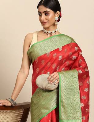 Red woven art silk traditional saree with blouse piece 2