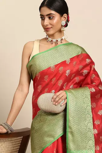 Red woven art silk traditional saree with blouse piece
