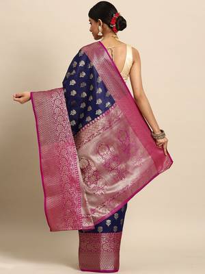 Navy blue woven art silk traditional saree with blouse piece 2