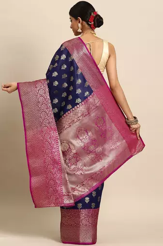 Navy blue woven art silk traditional saree with blouse piece