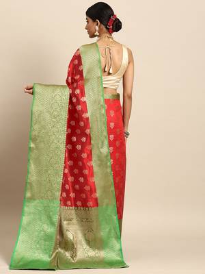 Red woven art silk traditional saree with blouse piece 3