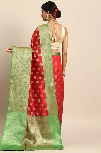 Red woven art silk traditional saree with blouse piece