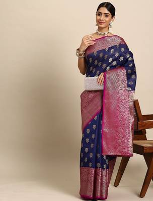 Navy blue woven art silk traditional saree with blouse piece 3