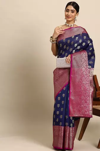 Navy blue woven art silk traditional saree with blouse piece