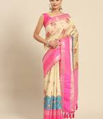 Beige printed art silk ethnic saree with blouse piece