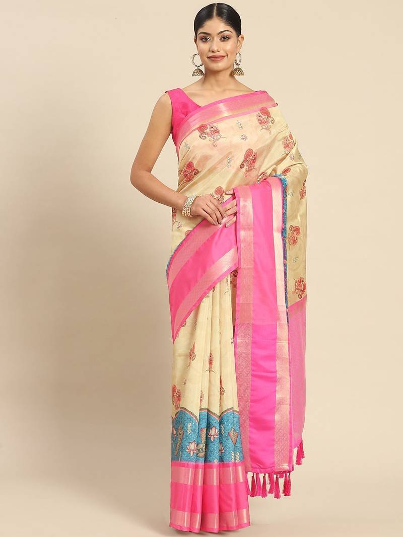 Beige printed art silk ethnic saree with blouse piece