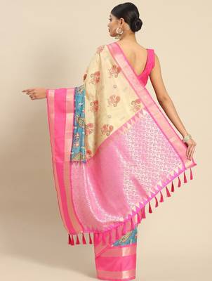Beige printed art silk ethnic saree with blouse piece 2