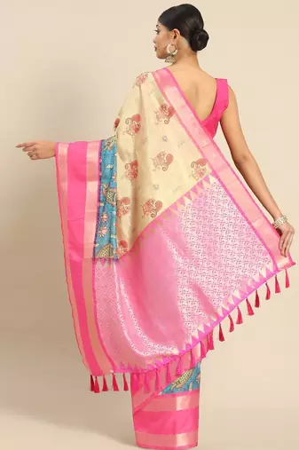 Beige printed art silk ethnic saree with blouse piece