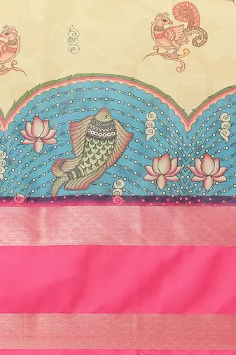 Beige printed art silk ethnic saree with blouse piece