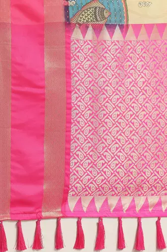 Beige printed art silk ethnic saree with blouse piece