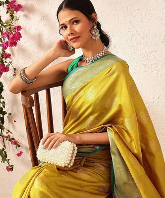 Yellow woven silk blend ethnic saree with blouse piece 1