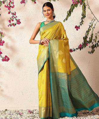 Yellow woven silk blend ethnic saree with blouse piece 2