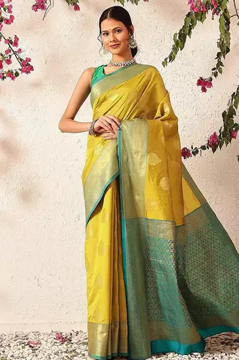 Yellow woven silk blend ethnic saree with blouse piece