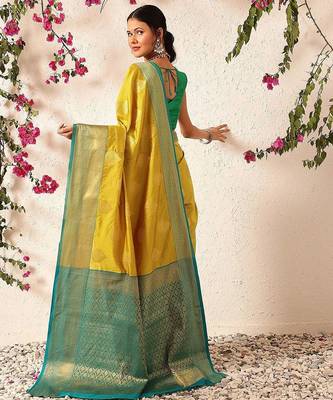 Yellow woven silk blend ethnic saree with blouse piece 3