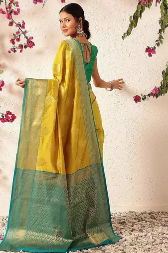 Yellow woven silk blend ethnic saree with blouse piece
