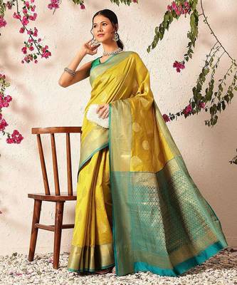 Yellow woven silk blend ethnic saree with blouse piece 4