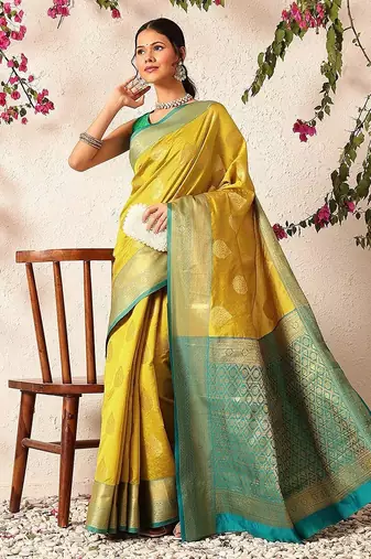 Yellow woven silk blend ethnic saree with blouse piece