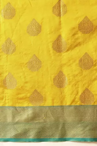 Yellow woven silk blend ethnic saree with blouse piece