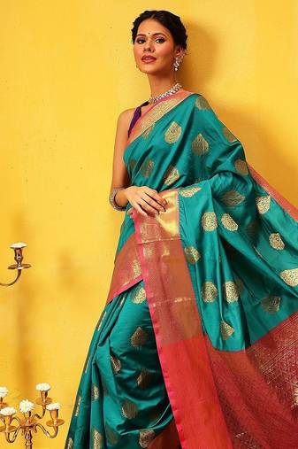 Teal woven silk blend ethnic saree with blouse piece