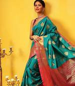 Teal woven silk blend ethnic saree with blouse piece