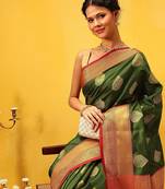 Green woven silk blend ethnic saree with blouse piece