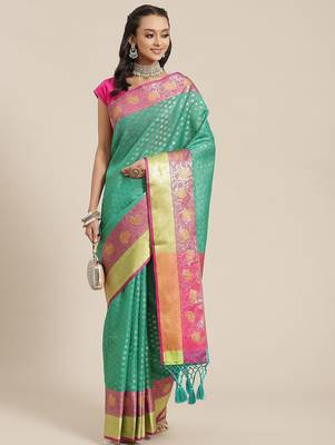 Green woven art silk traditional saree with blouse piece 2