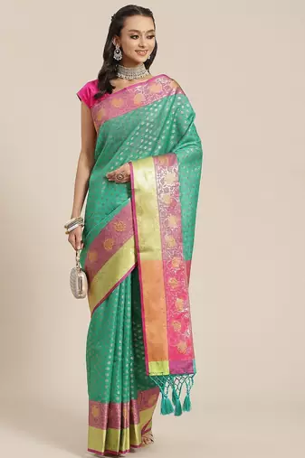 Green woven art silk traditional saree with blouse piece
