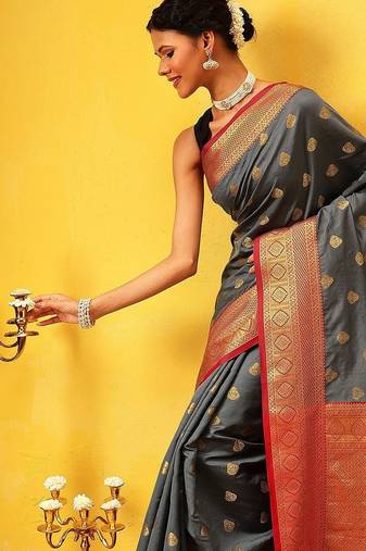 Grey woven silk blend ethnic saree with blouse piece