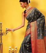 Grey woven silk blend ethnic saree with blouse piece