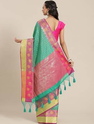 Green woven art silk traditional saree with blouse piece 3