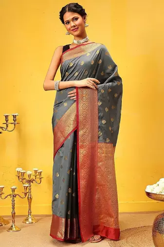 Grey woven silk blend ethnic saree with blouse piece