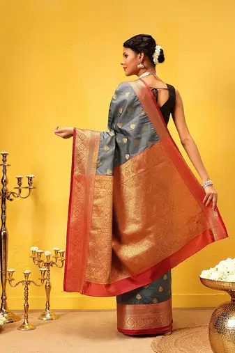 Grey woven silk blend ethnic saree with blouse piece