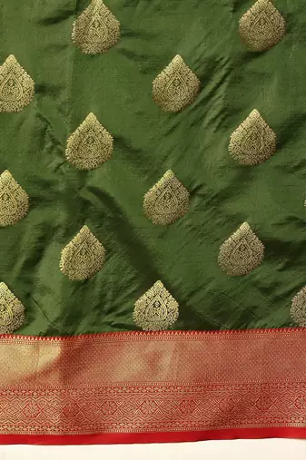 Green woven silk blend ethnic saree with blouse piece