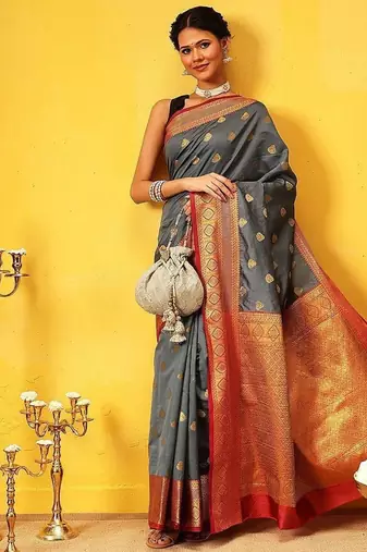Grey woven silk blend ethnic saree with blouse piece