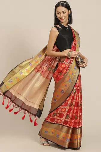 Red woven cotton blend traditional saree with blouse piece