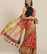 Red woven cotton blend traditional saree with blouse piece
