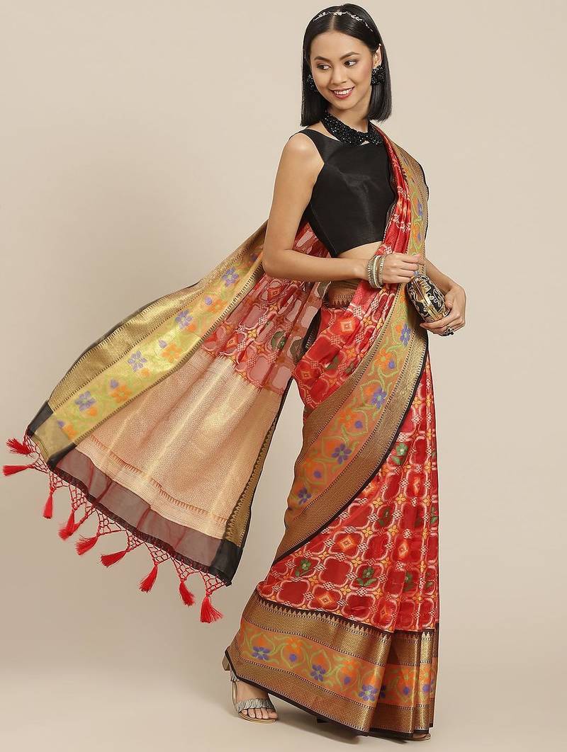 Red woven cotton blend traditional saree with blouse piece