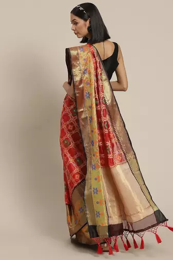 Red woven cotton blend traditional saree with blouse piece