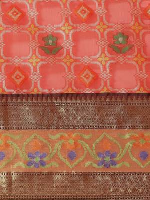 Red woven cotton blend traditional saree with blouse piece 3