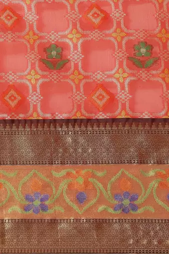 Red woven cotton blend traditional saree with blouse piece