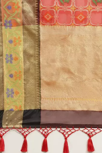Red woven cotton blend traditional saree with blouse piece