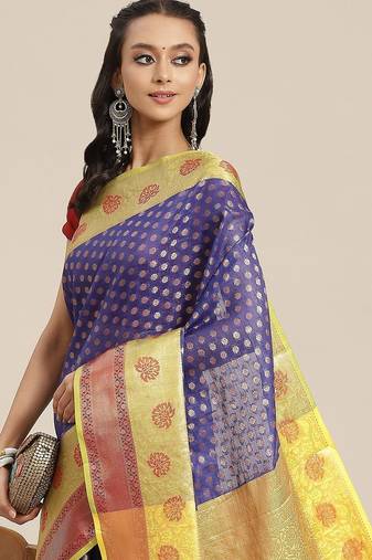Navy blue woven art silk traditional saree with blouse piece