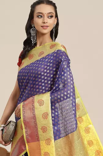 Navy blue woven art silk traditional saree with blouse piece