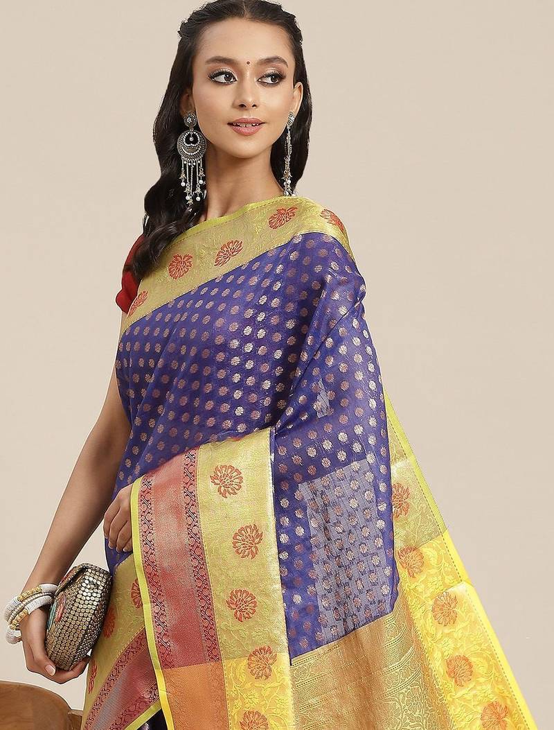 Navy blue woven art silk traditional saree with blouse piece