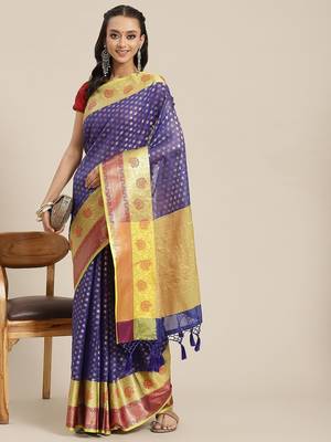 Navy blue woven art silk traditional saree with blouse piece 2