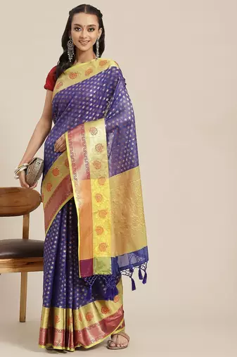 Navy blue woven art silk traditional saree with blouse piece