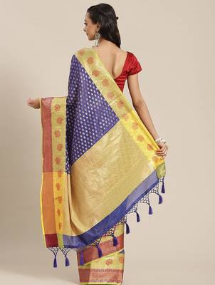 Navy blue woven art silk traditional saree with blouse piece 3