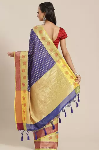 Navy blue woven art silk traditional saree with blouse piece